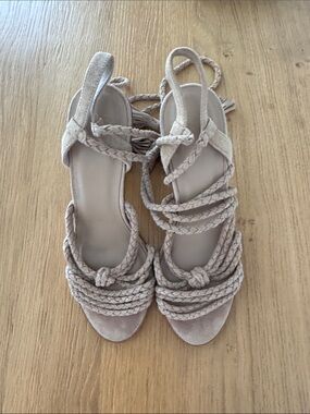 Joie Braided Suede Lace-Up Heels in Beige
